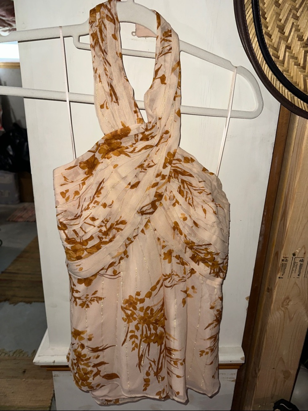 Joie Cream Halter Top with Mustard Floral Print with Metallic Shimmer